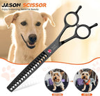 JASON 7.5" Dog Grooming Scissor - Professional Thinning Chunker Shear with 18 Teeth Japanese Stainless Steel Hair Scissors for Dogs, Cats and Other Pets (Chunker, Black) Christmas Gift