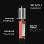 Pure Illumination Light-Up Lip Gloss with LED-Lit Applicator Brush + Side Mirror, Non-Sticky, Moisturizing Hydrating Lip Glosses with Lanolin, Jojoba Oil, & Vitamin E, Passion