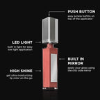 Pure Illumination Light-Up Lip Gloss with LED-Lit Applicator Brush + Side Mirror, Non-Sticky, Moisturizing Hydrating Lip Glosses with Lanolin, Jojoba Oil, & Vitamin E, On Pointe