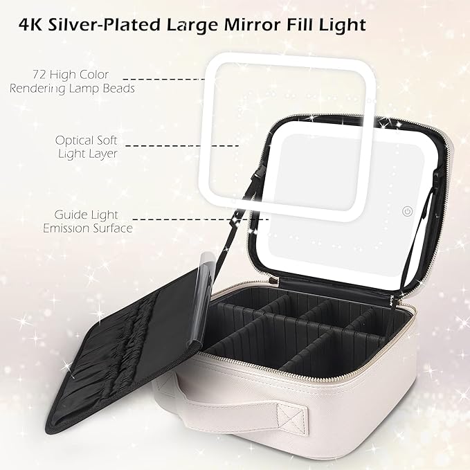 MOMIRA Travel Makeup Bag Cosmetic Bag Makeup Organizer Bag with Lighted Mirror, Adjustable Brightness in 3 Color Scenarios, Waterproof Makeup Train Case, Gift for Women - Khaki