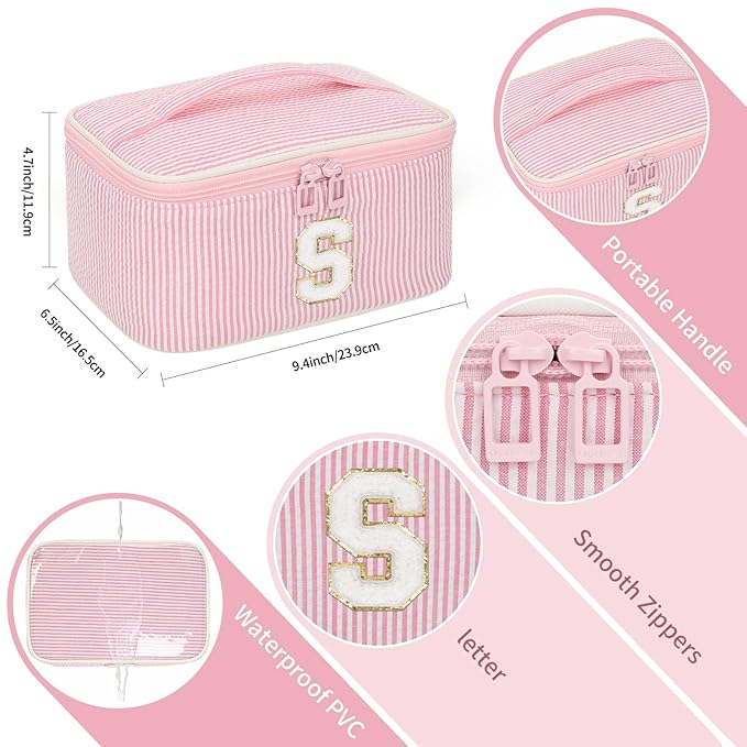 OCHEAL Makeup Bag for Women, Monogram Cosmetic Bag with Brush Holder, Pink Travel Makeup Case Beauty Toiletry Bag Organizer Personalized Gifts for Girls Bridesmaid, Sister, Wife, Friends Initial S