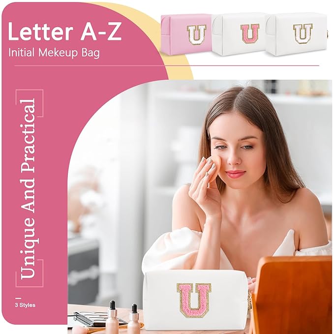 Personalized Makeup Bag Initial A-Z Preppy Patch Bag,Small PU Leather Travel Cosmetic Bag Pouch with Zipper,White Cute Toiletry Bag,Gift Ideal for Teen Girls Women Birthday Friend Mom,Letter U