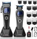 SUPRENT Professional Hair Clippers for Men - Cordless Barber Clippers & Zero-gapped Trimmer Set, Haircutting Kit with 10000 RPM Motor Speed, Blue Titanium-Coated Blades, Charging Stands (Gray)