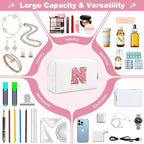 Small Initial Patch Makeup Bag Personalized Gifts Make Up Bag,White Cute PU Leather Glitter Letter Cosmetic Bag with Zipper,Trendy Portable Travel Toiletry Pouch,Preppy Stuff for Teen Girls Women N