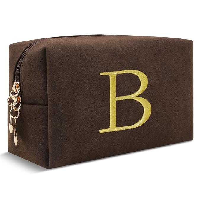 Personalized Initial Makeup Bag,Preppy Suede Cosmetic Bag for Teen Girls,Small Monogram Travel Toiletry Bag With Gold Embroidered Letter,Trendy Stuff Custom Christmas Gift for Women(Coffee-B)