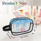 Custom Makeup Toiletry Bag, Personalized Clear Travel PVC Cosmetic Organizer Case Portable Bag with Zipper, Light Sky Blue Fluid Shape Sparkly Glittery