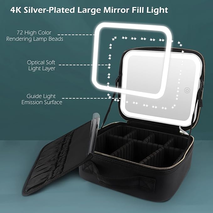 MOMIRA Travel Makeup Bag Cosmetic Bag Makeup Organizer Bag with Lighted Mirror, Adjustable Brightness in 3 Color Scenarios, Waterproof Makeup Train Case, Gift for Women - Black