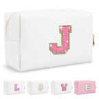 Small Personalized Initial A-Z Patch Makeup Bag,White Cute PU Leather Glitter Letter Cosmetic Bag for Teen Girls,Travel Toiletry Bag with Zipper,Preppy Monogrammed Birthday Gift for Daughter Niece J