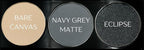 Off White, Matte Medium Grey Blue, and Glitter Black Deep Navy Blue Vegan Eyeshadow Trio Palette; Talc, Paraben & Cruelty Free
