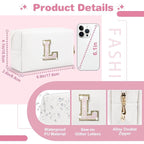 Small Initial Patch Makeup Bag Personalized Gifts Make Up Bag,White Cute PU Leather Glitter Letter Cosmetic Bag with Zipper,Trendy Portable Travel Toiletry Pouch,Preppy Stuff for Teen Girls Women L