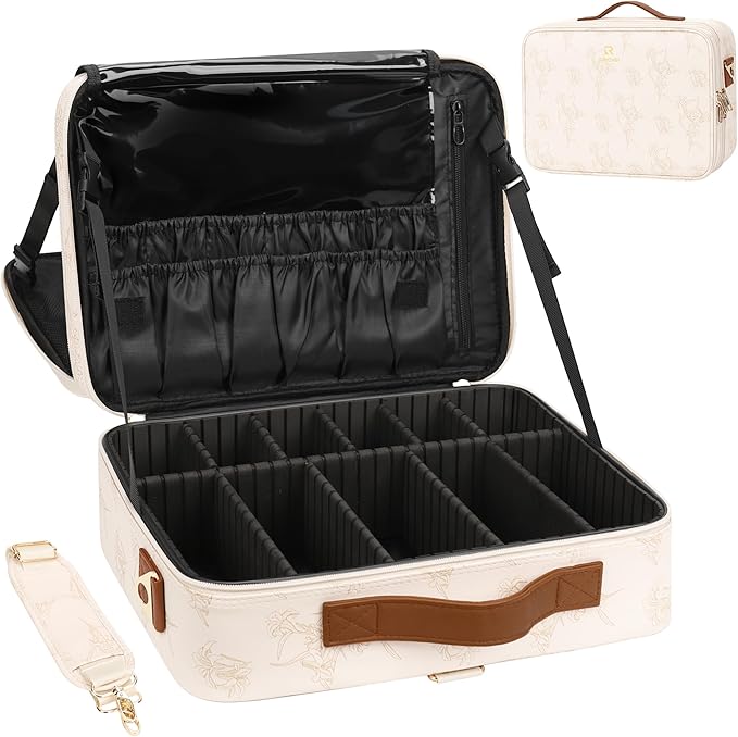 Relavel Large Makeup Case, Professional Makeup Artists Bag with Adjustable Dividers, Waterproof & Portable Train Case Storage Organizer Box with Shoulder Strap