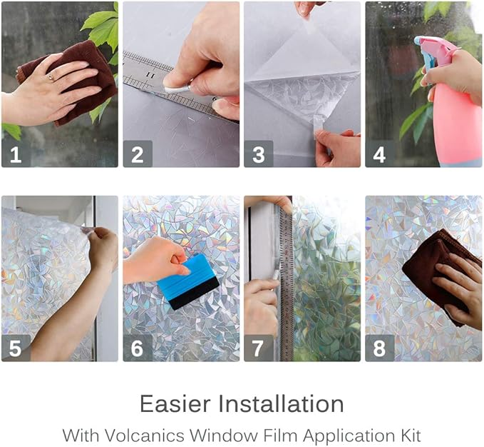 Volcanics Window Privacy Film with Installation Tools, Static Window Clings Vinyl 3D Decals Stickers Rainbow Window Film for Glass Door Home Heat Control Anti UV 29.5 x 157.4 Inches