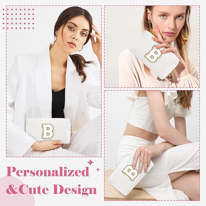 Small Personalized Initial A-Z Preppy Patch Makeup Bag,White PU Chenille Letter Travel Cosmetic Pouch with Zipper,Cute Toiletry Bag,Gift Ideal for Teen Girls Women Teacher Bridesmaid,Letter B