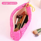 Puffer Quilted Makeup Bag Travel Cosmetic Bag Portable Puffy Checkered Toiletry Pouch Skincare Organizer Purse Pencil Case (Hot Pink)
