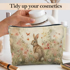 Floral Bunny Makeup Bag, Bunny Gifts for Women, Vintage Wildflower Rabbit Cosmetic Bags for Women, Rabbit Lover Gifts, Cute Animal Zipper Makeup Pouch