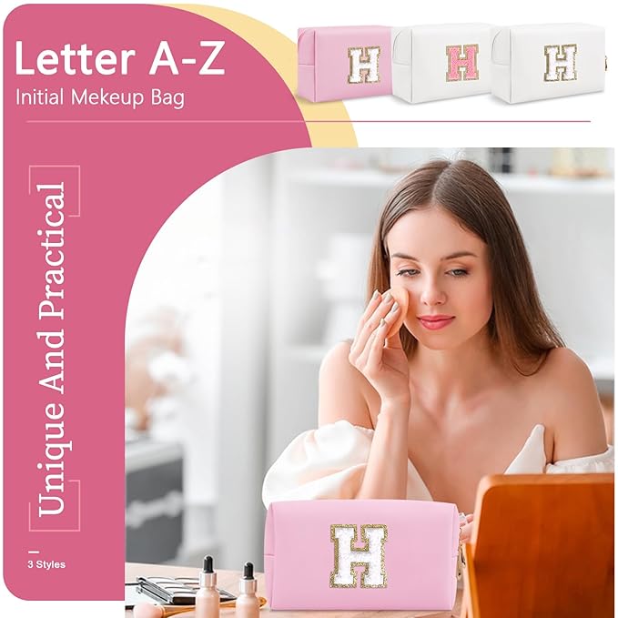 Personalized Initial A-Z Preppy Patch Makeup Bag,Small PU Chenille Letter Cosmetic Bag with Zipper for Teen Girls,Pink Cute Toiletry Organizer Bag,Monogram Makeup Case Gift for Women Girls,Letter H