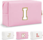 Personalized Small Travel Preppy Makeup Bag, Initial Cute Pink Chenille Letter Cosmetic Organizer Toiletry Pouch, Waterproof Portable PU Monogram Make Up Bag Case Gift for Women Friends Her(Letter I)