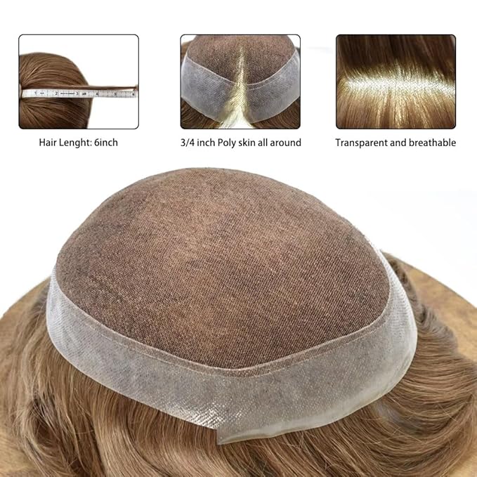 Toupee for Men French Lace Center Human Hair Replacement Systems Transparent Lace Center Hair Piece Mens Toupee Hair Units for Man V-Looped Front Male Hair Prosthesis 6"X8" 17#DARK ASH BLONDE