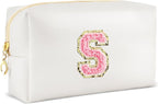 Initial Makeup Bag Personalized Preppy Travel Small Cosmetic Bag Cute PU White Chenille Letter Makeup Pouch for Purse Waterproof Zippered Toiletry Organizer for Women Girls Kids Friends (S)