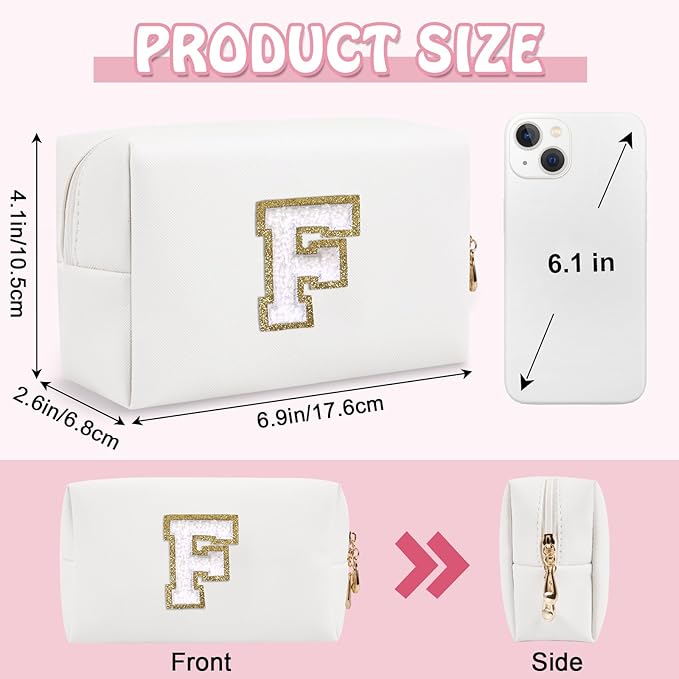 Small Initial Preppy Makeup Bag, Personalized Travel Cosmetic Organizer Chenille Letter White Toiletry Zipper Pouch, Portable Waterproof Makeup Case Birthday Gifts for Female Friends Mom(Letter F)