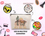 Wild and Free Cowgirl Cosmetic Bag, Wild West Retro Western Horse Cactus Desert Makeup Bag Zipper Cosmetic Pouch Bag Travel Linen Makeup Organizer, Cowgirl Gifts for Women Girls Teen Girls Her