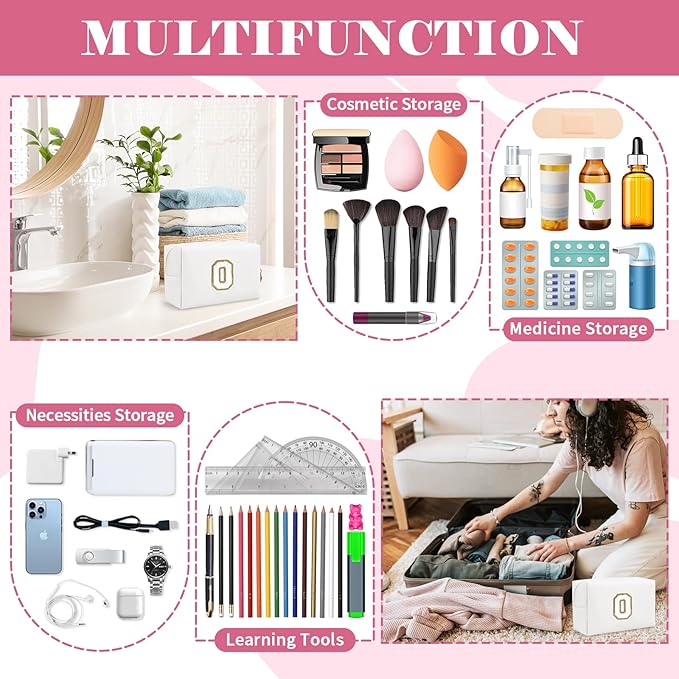 Small Personalized Initial A-Z Preppy Patch Makeup Bag,White PU Chenille Letter Travel Cosmetic Pouch with Zipper,Cute Toiletry Bag,Gift Ideal for Teen Girls Women Teacher Bridesmaid,Letter O