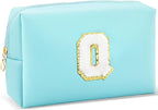 Gifts for Girls Initial Makeup Bag Personalized Cosmetic Bag with Zipper Cute Travel Toiletry Bag Waterproof PU Preppy Makeup Pouch Birthday Gift for Teen Girls Women(Blue Q)