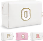 Small Cute Initial Preppy Makeup Bag, Personalized Cosmetic Zipper Pouch Toiletry Bags for Traveling, Waterproof PU Chenille Letter Makeup Case Organizer Travel Essentials for Women Girl(Letter O)