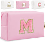 Small Personalized Glitter Initial Letter Makeup Bag, Cute PU Leather Chenille Letters Cosmetic Bag Travel Makeup Pouch, Preppy Travel Organizer Zipper Pouch for Women&Girls（PinkPink-M）