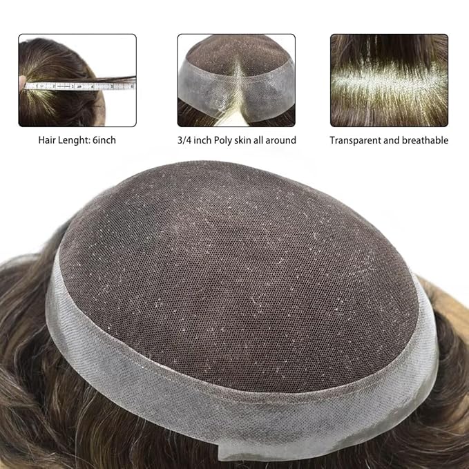 FACE MIRACLE Hair System for Men French Lace Mens Toupee Human Hair Replacement System Lace with PU Toupee for Men Male Hair Piece Wigs 6"X8" #210 Darkest Brown with 10% Gray