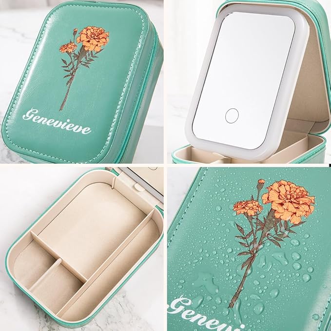 Custom Birth Flower Travel Makeup Bag With LED Mirror Leather Personalized Name Makeup Organizer Portable Jewelry Organizer Case Birthday Christmas Gifts For Women Daughter Mother