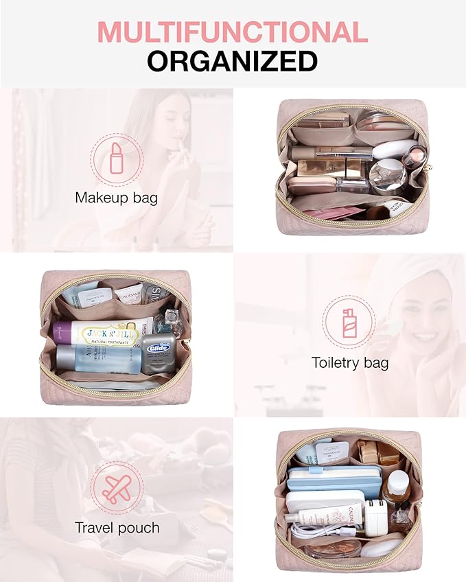 BAGSMART Small Makeup Bag, Travel Cosmetic Bag Make Up Pouch Small Travel Essentials for Women Dorm Room Essentials Pouch,Water-resistant Toiletry Bag,Makeup Organizer Bag, Pink
