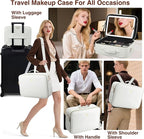 Large Makeup Bag with LED Mirror,Travel Cosmetic Train Case for Makeup Artists,Makeup Organizer Case with Divider Rechargeable Vanity Mirror with 3 Color Lights for Barber,MUA,Nail Tech, Beige