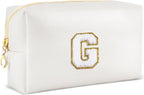 Gifts for Girls Initial Makeup Bag Personalized Cosmetic Bag with Zipper Cute Travel Toiletry Bags Waterproof PU Preppy Makeup Pouch Birthday Gift for Teen Girls Women(White G)