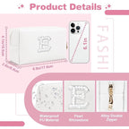 Bride Gifts – Personalized Initial Makeup Bag with Pearl Rhinestone Patch, Preppy White Monogram Cosmetic/Toiletry Pouch, bridesmaid Gifts, Bridal Shower Gifts, Wedding Gifts, Bridal Gifts,E