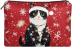COEQINE Christmas Lights Cute Cat Makeup Bag Small Organizer Red Snowflake Leather Cosmetic Bag For Purse with Zipper Waterproof Artist Organizer Bag Cute Pencil Pouch