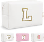 Personalized Initial Preppy Travel Makeup Bag Organizer, Small White Cute Cosmetic Bag Toiletry Zipper Pouch for Women, Portable Waterproof PU Makeup Case Birthday Gift for Female Women(Letter L)