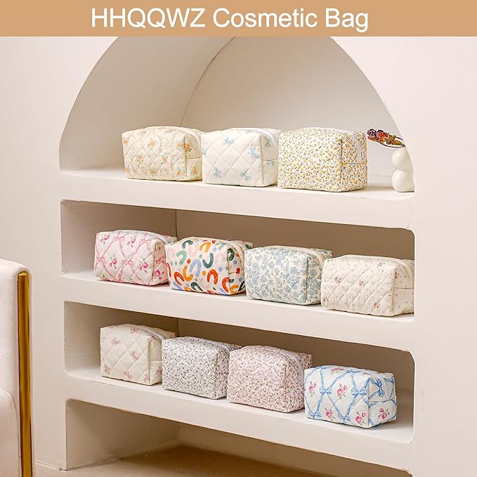 Makeup Bag Travel Cosmetic Bag for Women Girls, Zipper Make Up Pouch, Floral Flowers Toiletry Organizer Makeup, Portable Storage Bag, Cosmetic Travel Cloth Bag (Blue Bowknot/Gold Zipper)
