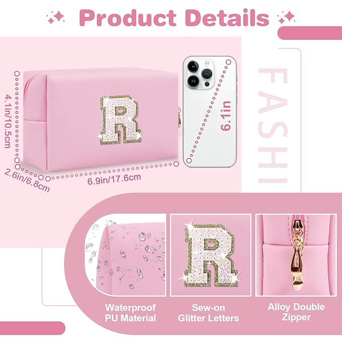 Small Personalized Initial A-Z Patch Makeup Bag,Pink Cute PU Leather Glitter Letter Cosmetic Bag for Teen Girls,Travel Toiletry Bag with Zipper,Preppy Monogrammed Birthday Gift for Daughter Niece R