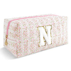 Personalized Quilted Cosmetic Bag, Puffy Monogrammed Christmas Birthday Gifts for Women & Girls, Cute initial Floral Makeup Bag Puffer Coquette Bag, Aesthetic Travel Toiletry Zipper Pouch(Pink,N)
