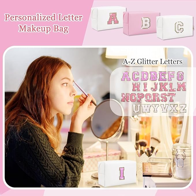 Glitter Initial Letter Makeup Bag, Small Personalized Sequins Letters PU Leather Cosmetic Bag Portable Waterproof Makeup Zipper Pouch, Shine Handbag Organizer Travel Bag Gifts for Women&Girls(White-I)