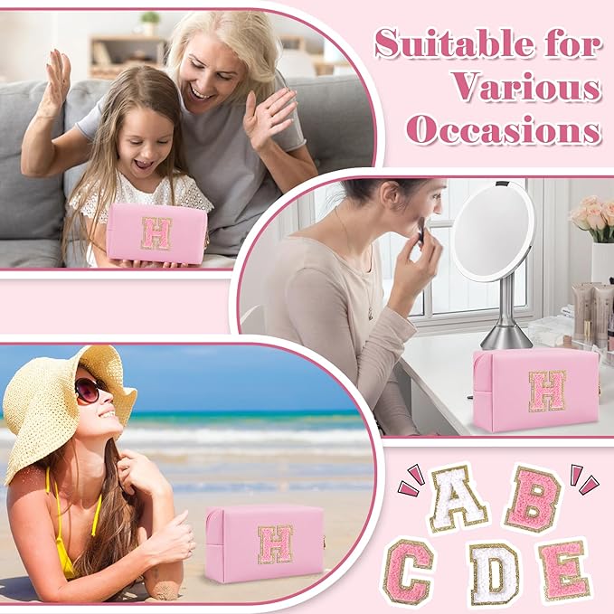 Personalized Initial A-Z Preppy Patch Makeup Bag,Small PU Leather Chenille Letter Cosmetic Bag with Zipper for Teen Girls,Pink Cute Travel Toiletry Bag,Birthday Monogrammed Gift for Daughter,Letter H