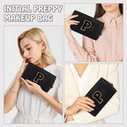 Personalized Initial Preppy Makeup Bag Organizer, Black Small Monogram Cosmetic Bag Travel Toiletry Zipper Pouch for Women, PU Leather Waterproof Make Up Case Proposal Gift for Brides Female(Letter P)