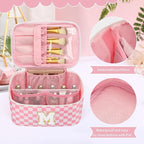OCHEAL Makeup Bag for Women, Monogram Cosmetic Bag with Brush Holder, Pink Travel Makeup Case Beauty Toiletry Bag Organizer Personalized Gifts for Girls Bridesmaid, Sister, Wife, Friends Initial M