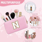 Chenille Letter Personalized Initial Preppy Makeup Bag, Small Travel Cute Pink Cosmetic Zipper Pouch Toiletry Bags, Waterproof PU Monogram Make Up Organizer Gift for Nurse Nieces Teacher(Letter N)