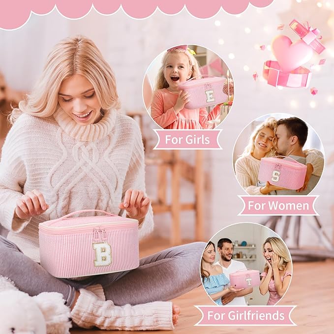 OCHEAL Makeup Bag for Women, Monogram Cosmetic Bag with Brush Holder, Pink Travel Makeup Case Beauty Toiletry Bag Organizer Personalized Gifts for Girls Bridesmaid, Sister, Wife, Friends Initial F