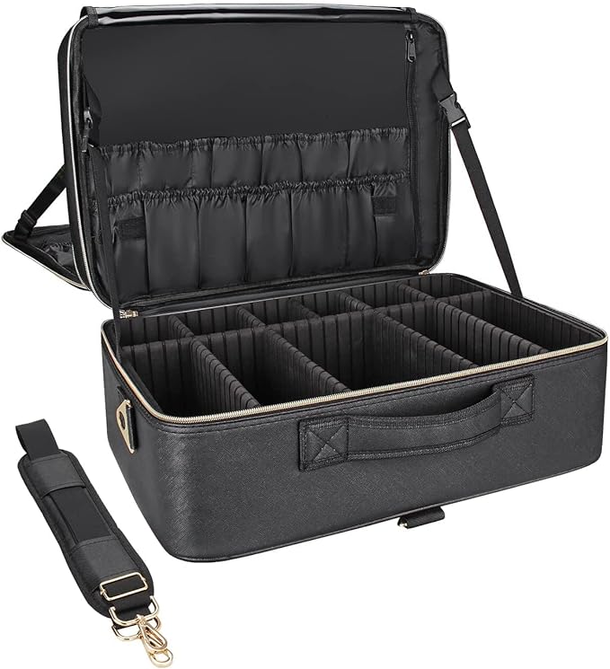 Relavel Extra Large Makeup Case Travel Makeup Bag Professional Leather Artist Bag Portable Cosmetic Brush Holder Organizer Nail Organizer Box with Adjustable Dividers