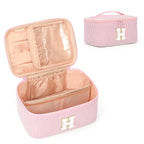 OCHEAL Makeup Bag for Women, Monogram Cosmetic Bag with Brush Holder, Pink Travel Makeup Case Beauty Toiletry Bag Organizer Personalized Gifts for Girls Bridesmaid, Sister, Wife, Friends Initial H