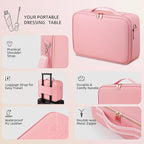 Upgraded Large Travel Makeup Bag with LED Mirror, 15” Professional Makeup Case with 3 Color Modes Dimming Lighted Mirror, Light up Cosmetic Make up Organizer with PU Leather Cover, Adjustable Dividers