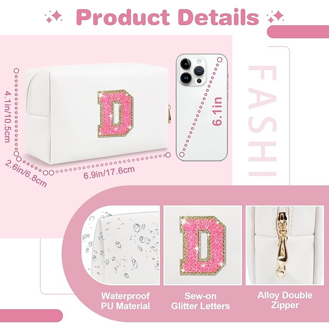Small Personalized Initial A-Z Patch Makeup Bag,White Cute PU Leather Glitter Letter Cosmetic Bag for Teen Girls,Travel Toiletry Bag with Zipper,Preppy Monogrammed Birthday Gift for Daughter Niece D